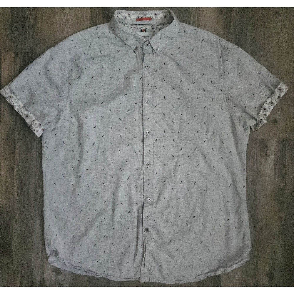 Denim & Flower Button Down Shirt Mens XL Gray Bird Short Sleeve Ricky Singh